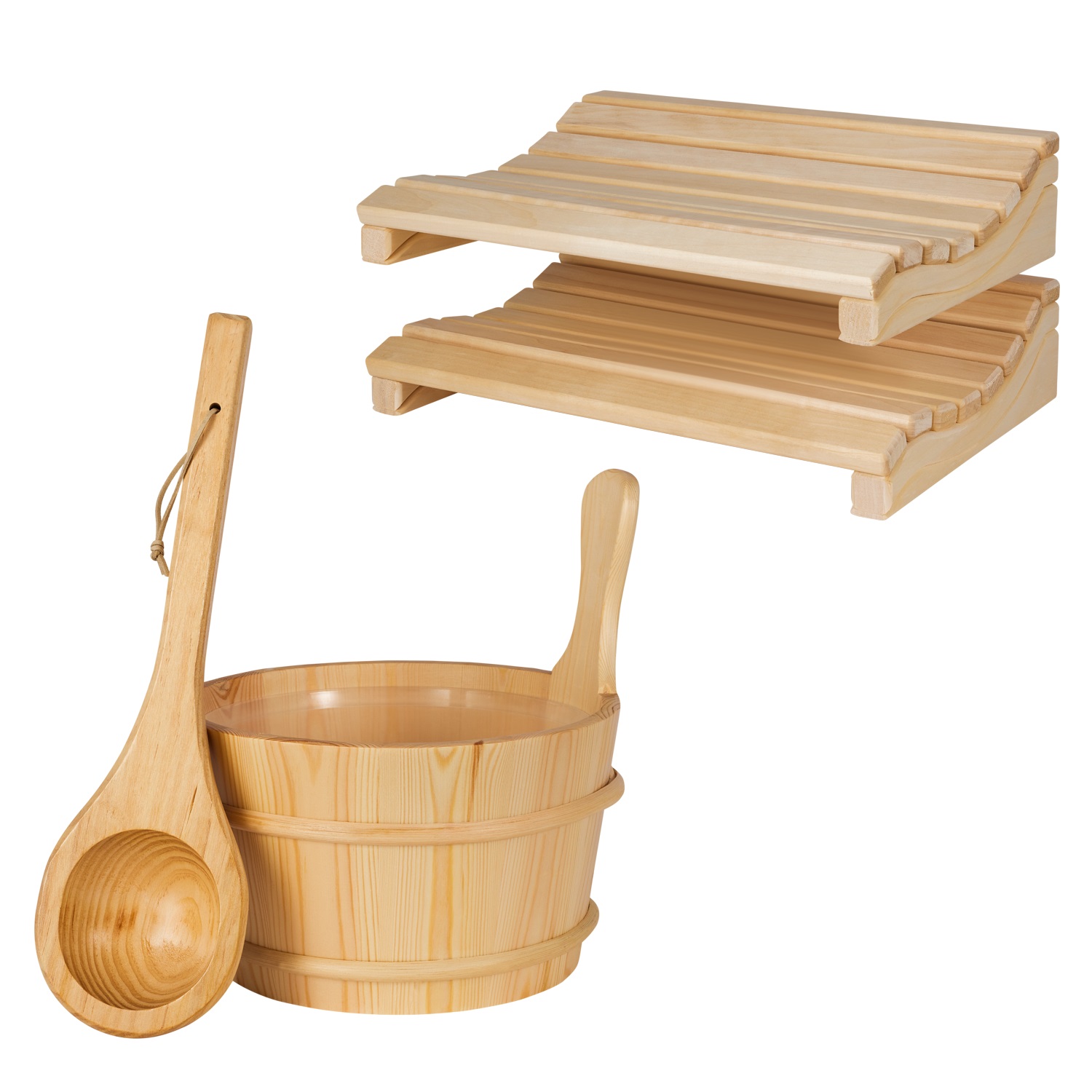 Bundle Sauna-Zubehörset Eimer und Löffel 3-teilig mit 2x Kopfstütze Marie, Sauna...