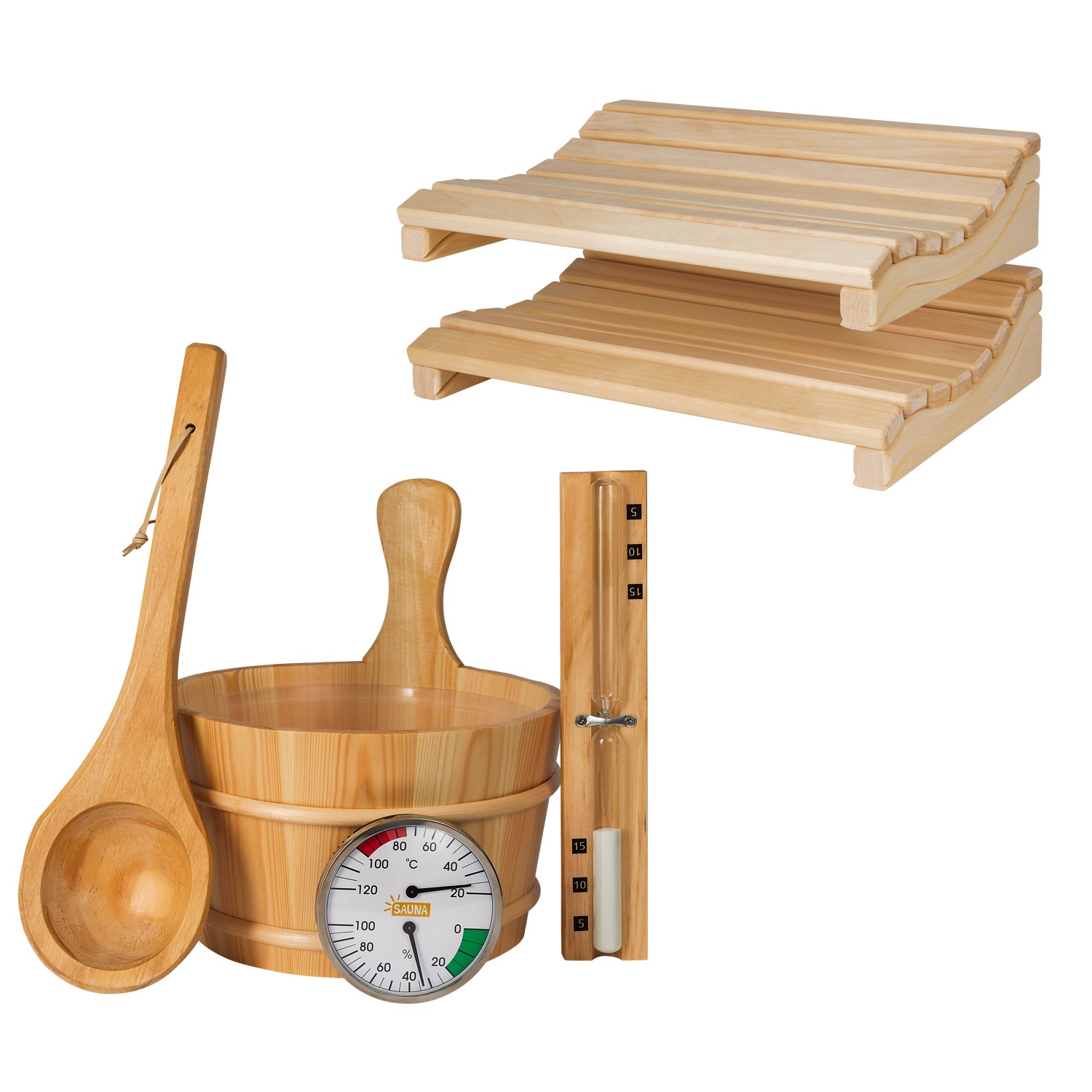 Bundle klassisches Sauna-Zubehörset 5-teilig mit 2x Kopfstütze Marie, Sauna-Set ...