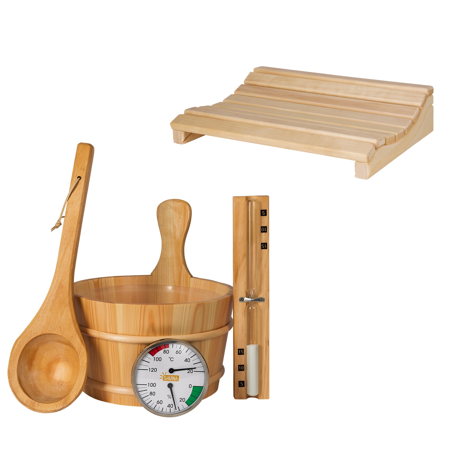 Bundle klassisches Sauna-Zubehörset 5-teilig mit Kopfstütze Marie, Sauna-Set aus...