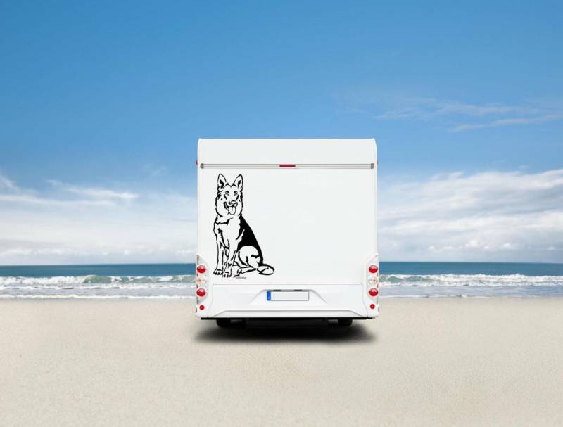 Deutscher Schäferhund Wohnmobil Aufkleber  l Wandtattoo - H30cm / Weiß