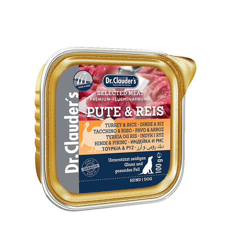 Dr Clauder Nassfutter für Hund Selected Meat Schälchen Pute und Reis 30 x 100g