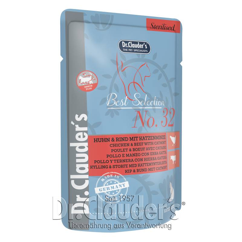 Dr Clauder Nassfutter für Katzen Best Selection Sterilised No 32 Huhn & Rind mit Katzenminze 85g - Sparpaket: 16 x 85g