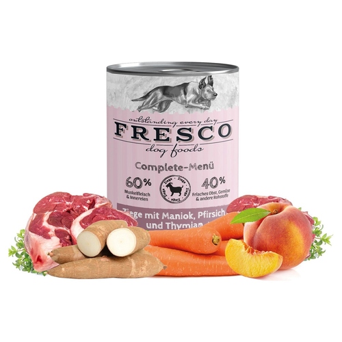FRESCO Complete-Menü Ziege mit Maniok, Pfirsich und Thymian 400 g - 12 Stück FRESCO Complete-Menü Ziege mit Maniok, Pfirsich und Thymian 400 g - 12 Stück