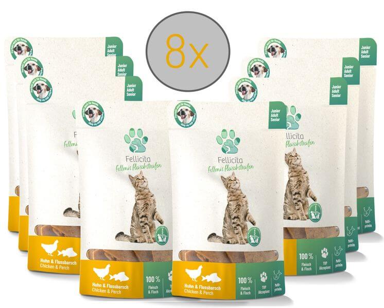 Fellicita Fellonis Hundesnacks Fleischstreifen Huhn und Flussbarsch 8 x 50g Fellicita Fellonis Hundesnacks Fleischstreifen Huhn und Flussbarsch 8 x 50g