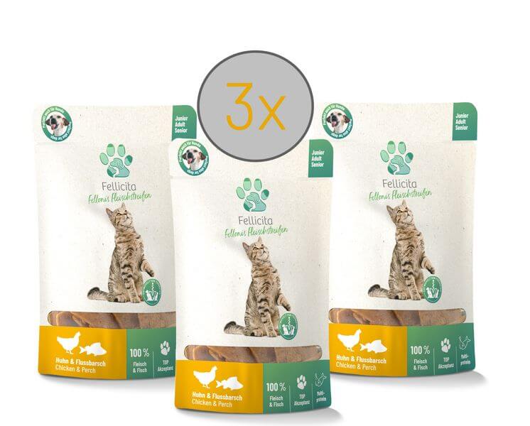 Fellicita Fellonis Katzensnacks Fleischstreifen Huhn und Flussbarsch 3 x 50g