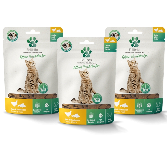 Fellicita Fellonis Katzensnacks Fleischstreifen Huhn und Flussbarsch 3 x 50g Fellicita Fellonis Katzensnacks Fleischstreifen Huhn und Flussbarsch 3 x 50g