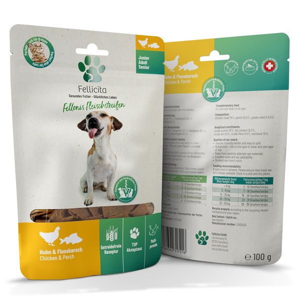 Fellicita Fellonis Katzensnacks Fleischstreifen Huhn und Flussbarsch 8 x 100g