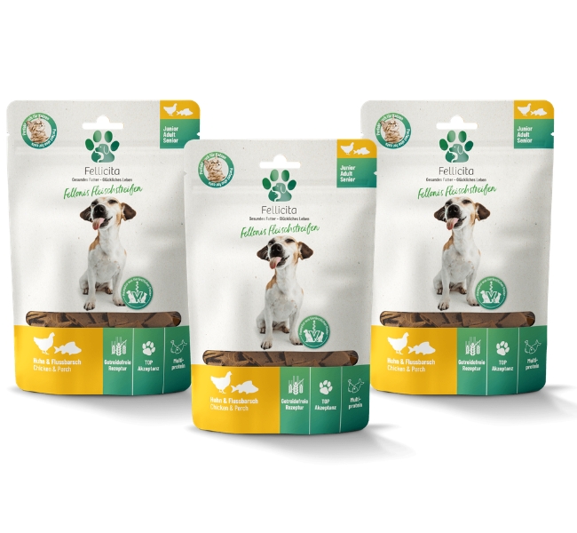 Fellicita Fellonis Snacks Fleischstreifen Huhn und Flussbarsch 3 x 100g Hundesnacks