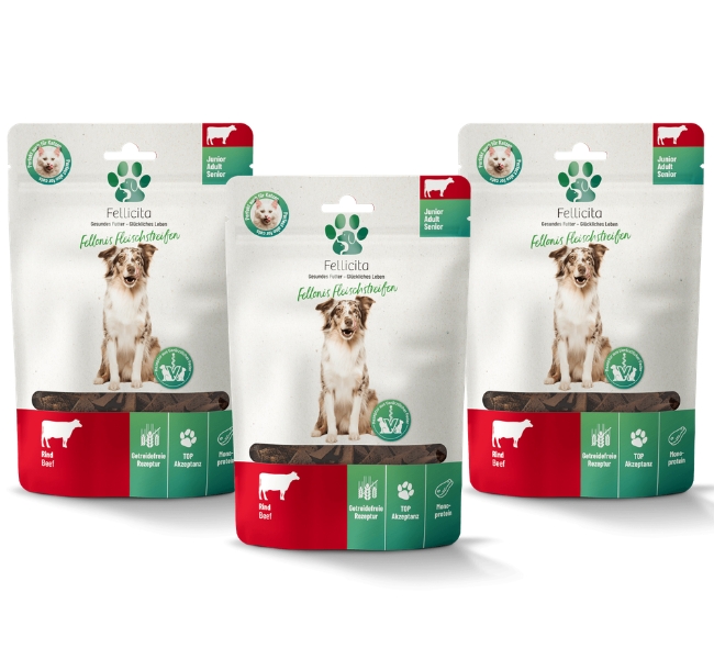 Fellicita Fellonis Snacks Fleischstreifen vom Rind 3 x 100g Hundesnacks