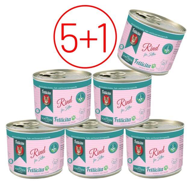Fellicita Rind pur für Kitten 6 x 200g Rosa Etiketten AKTION 5+1 Katzennassfutter