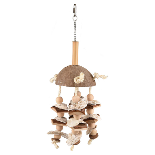 Flamingo Vogelspielzeug Sully mit Kokosnuss + Seil + Luffa