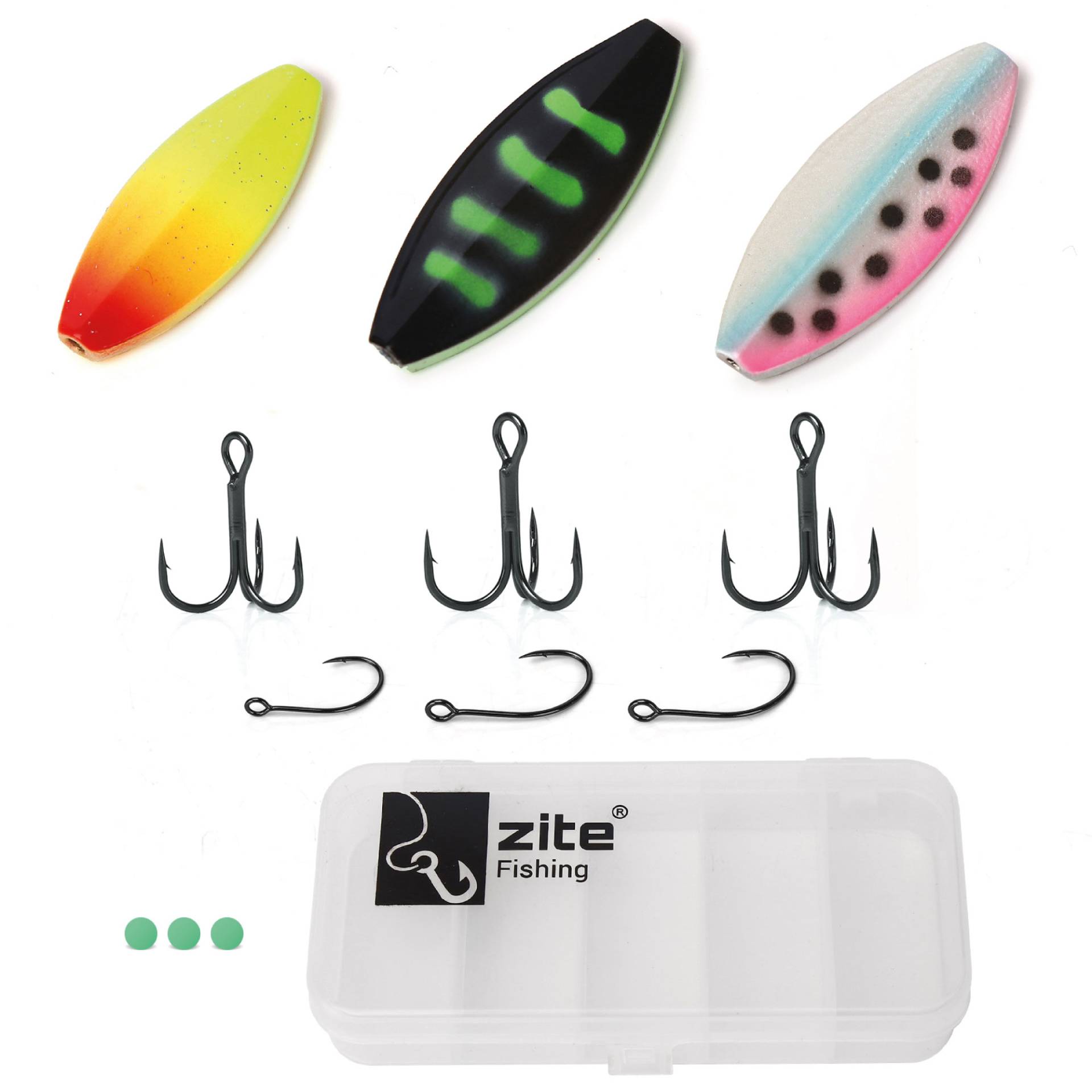 Forellen Inline Spoons Set Neon 2-3,5g mit Köderbox Zite Fishing