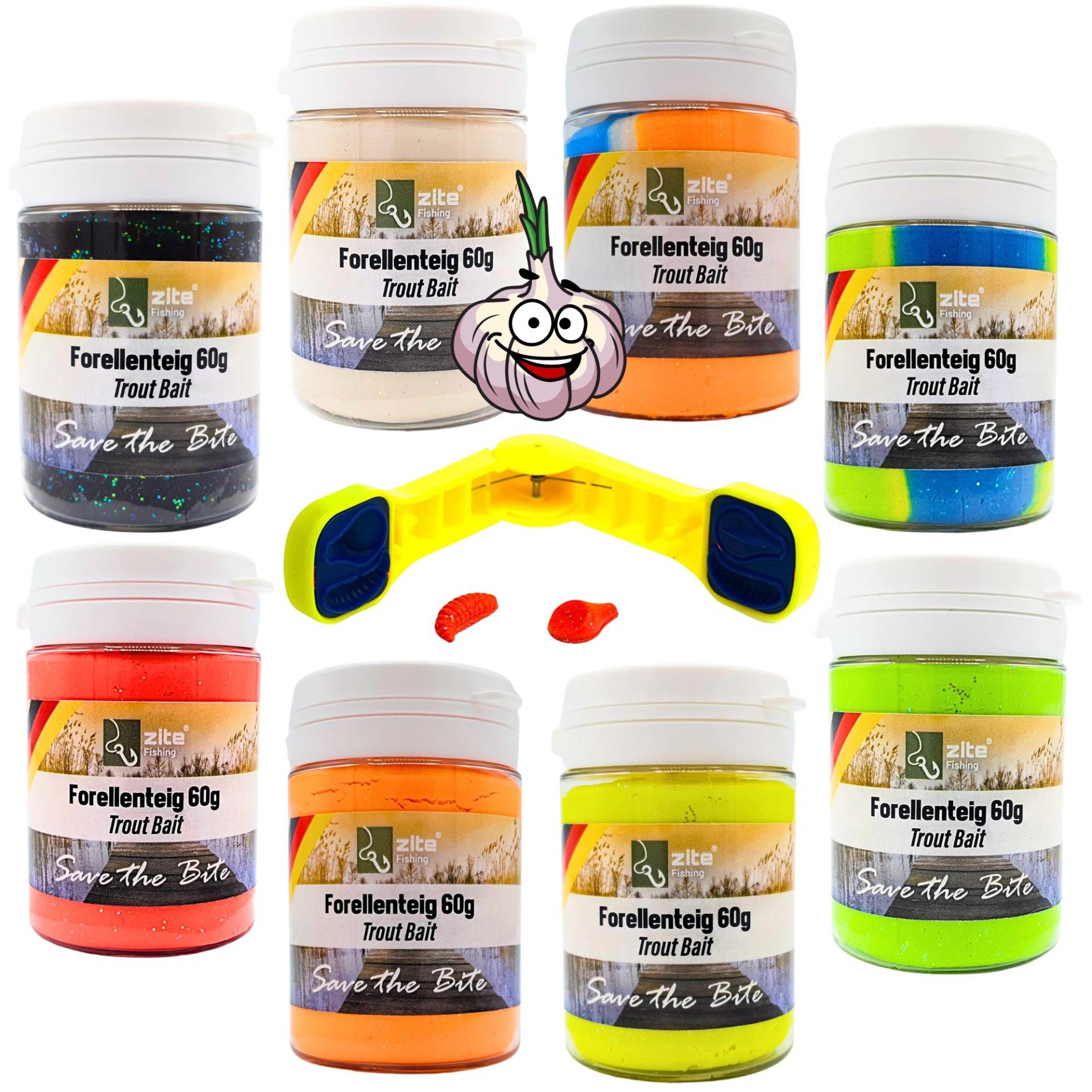 Forellenteig 60g - Knallige Glitterköder mit Knoblauch-Aroma - 8 Farben inkl. Forellenteig-Former 2in1 von Zite Fishing