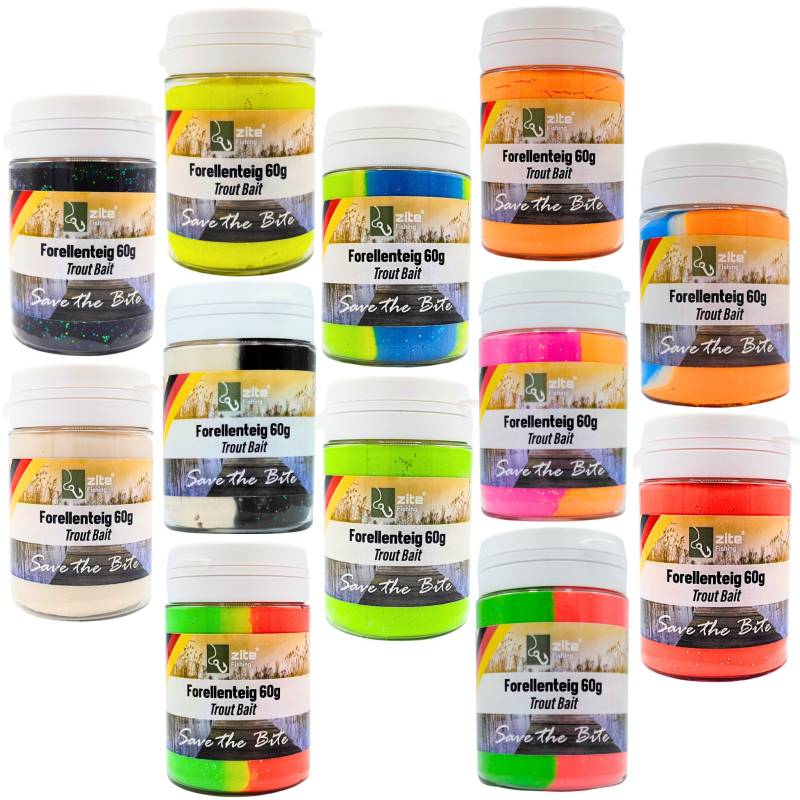 Forellenteig XXL-Set - 12x60g Glitter Trout Bait - Alle 12 Aromen & Farben von Zite Fishing