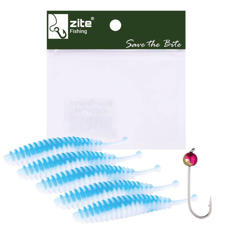 Forellenwürmer Blau Weiß 5,5 cm 5 Stück mit einem Tungsten-Jighaken Zite Fishing
