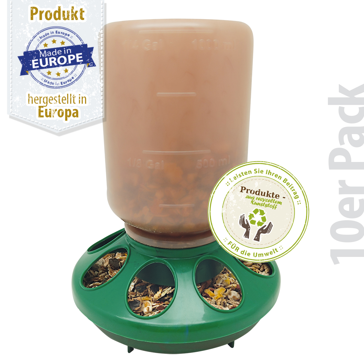 Geflügel Futterautomat - 1 kg - Drehverschluss Recycling - Hühner Futterautomat - 10er Pack