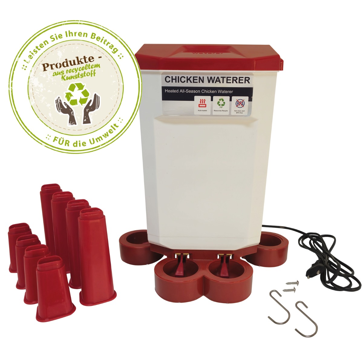 Geflügeltränke mit 4 Tränkebecken & Heizung - Recycling-11 Liter- Hühner Tränke