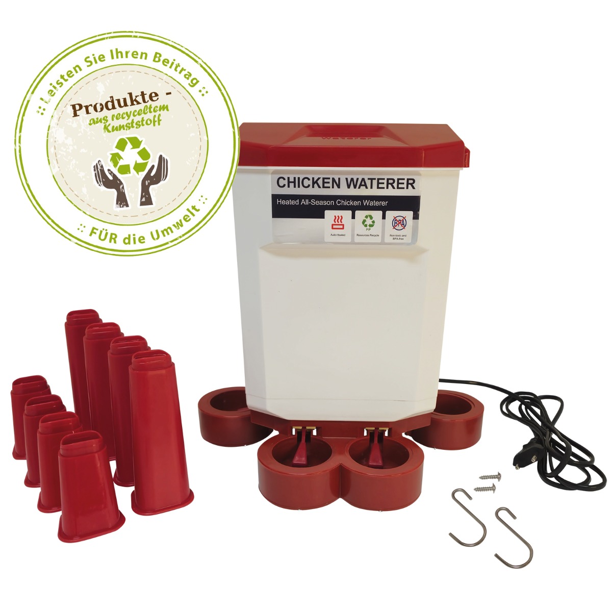 Geflügeltränke mit 4 Tränkebecken & Heizung - Recycling -7 Liter- Hühner Tränke