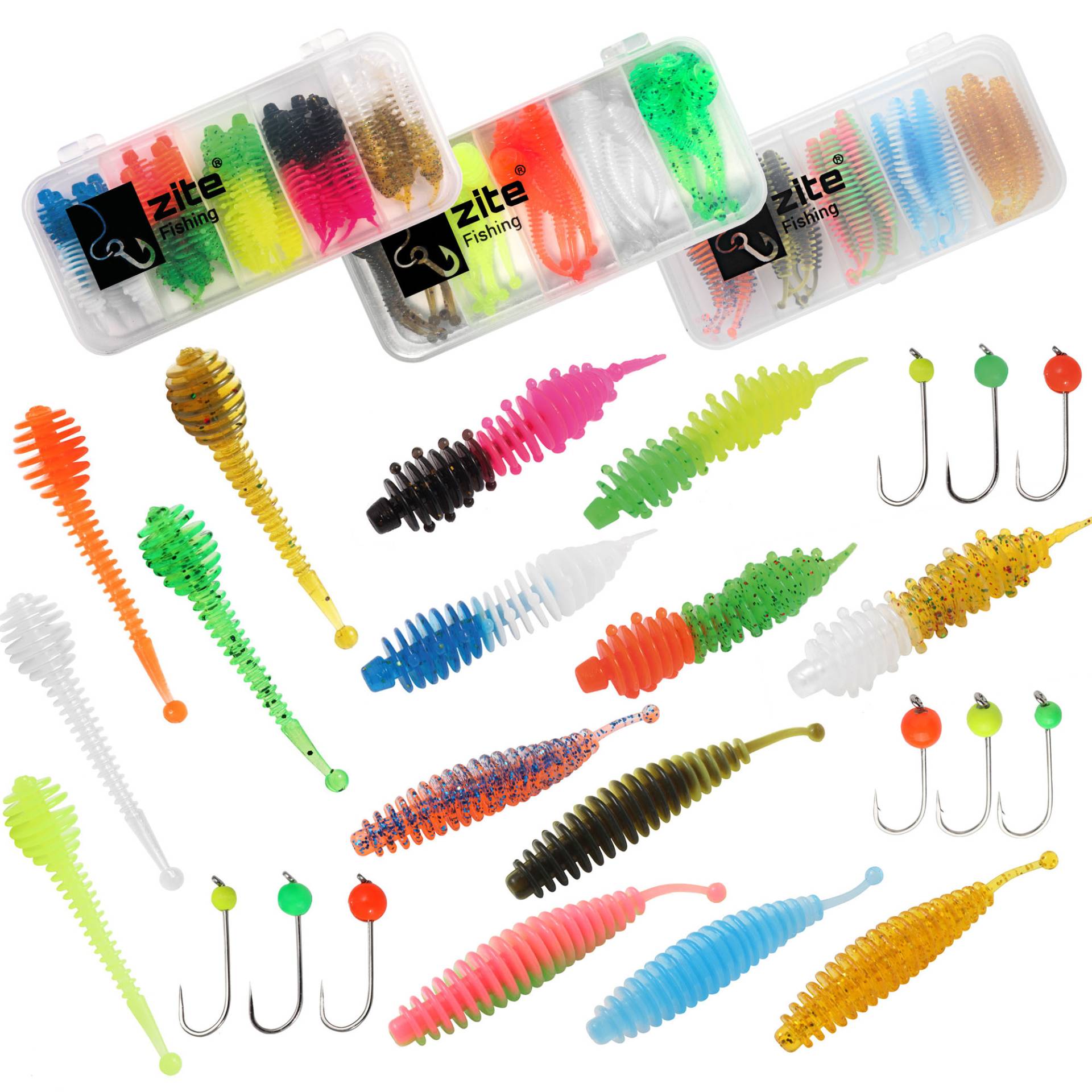 Gummiwürmer Set Forellenköder 75 Stück + 9 Tungsten Jighaken Zite Fishing