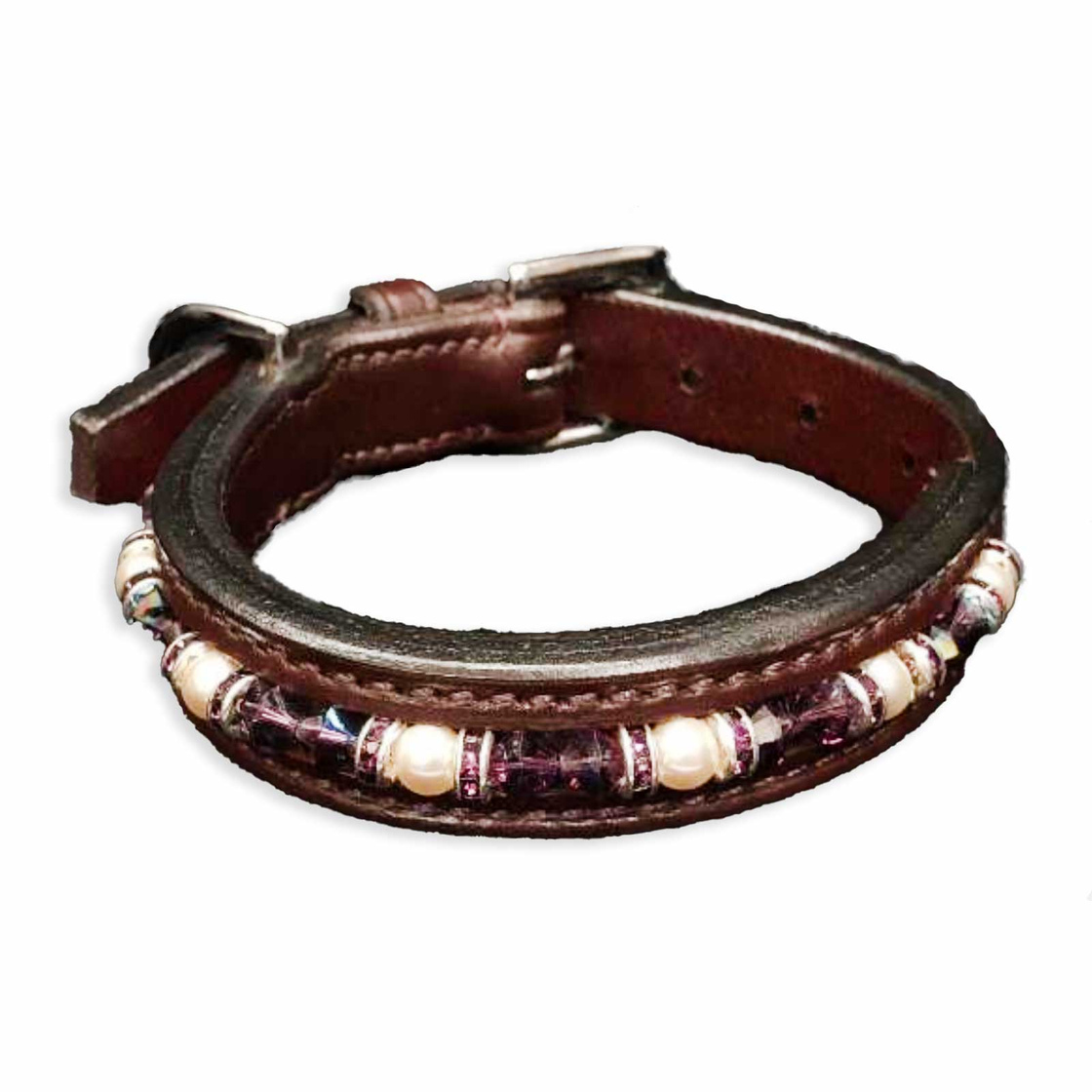 Halsband f?r Hunde aus Leder Havana braun mit glitzer Kristallen M