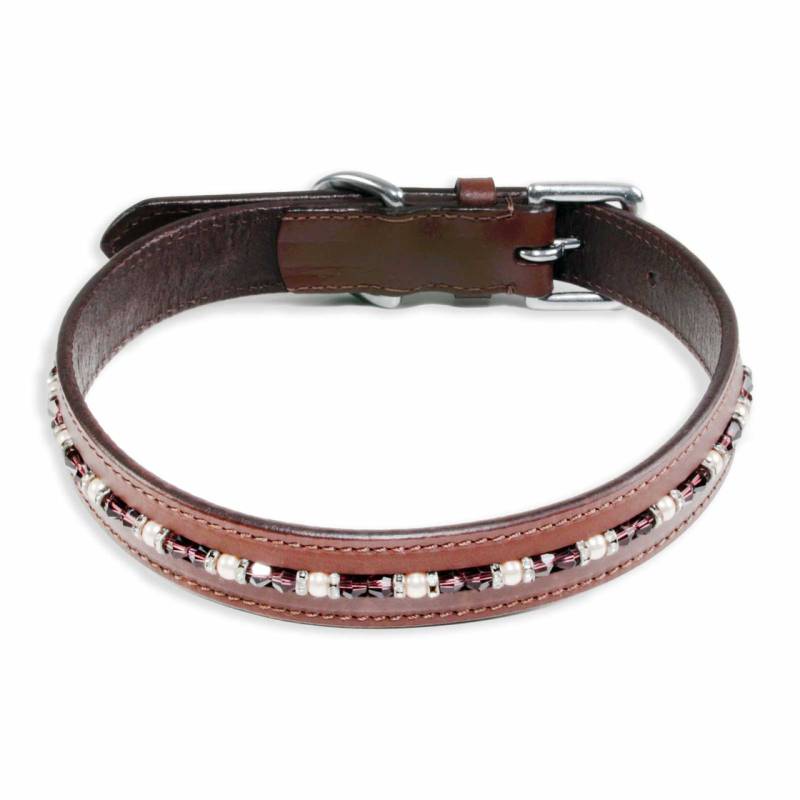 Halsband f?r Hunde aus Leder braun mit glitzer Kristallen L-M