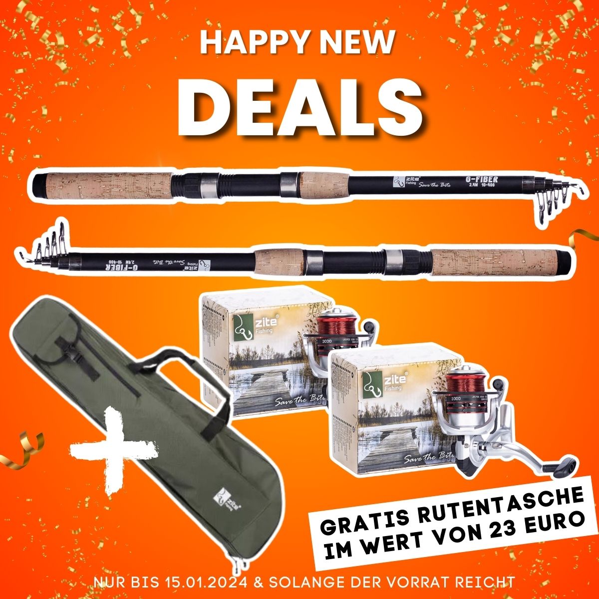 Happy New Deal: Zite Fishing 2x Teleskoprute 2,70 m + 2x Karpfenrolle bespult Base Reel 3000 + Rutentasche 1 m Gratis