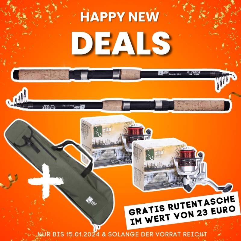Happy New Deal: Zite Fishing 2x Teleskoprute 2,70 m + 2x Karpfenrolle bespult Base Reel 3000 + Rutentasche 1 m Gratis Happy New Deal: Zite Fishing 2x Teleskoprute 2,70 m + 2x Karpfenrolle bespult Base Reel 3000 + Rutentasche 1 m Gratis