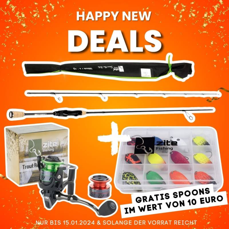 Happy New Deal: Zite Fishing Forellenrute 1,90 m + Trout Reel 1000 3+1BB + Spoon-Set 13-tlg. Gratis