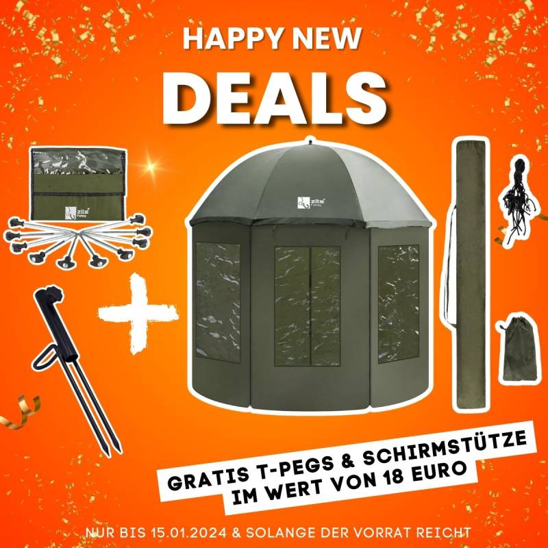 Happy New Deal: Zite Fishing Schirmzelt geschlossen + T-Pegs Zeltheringe & Schirmstütze Gratis Happy New Deal: Zite Fishing Schirmzelt geschlossen + T-Pegs Zeltheringe & Schirmstütze Gratis