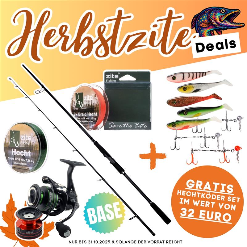 Hecht Base Komplettset - Inzite Base Stick Pike, Spinnig Reel Base 4000, Angelschnur & GRATIS Gummifische + Hechtsysteme