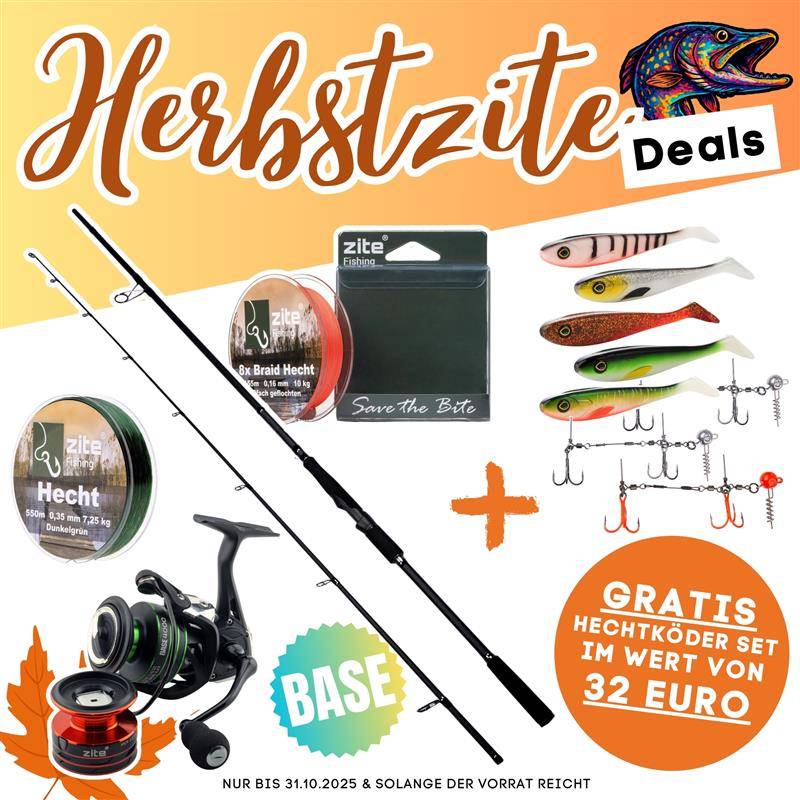 Hecht Base Komplettset - Inzite Base Stick Pike, Spinnig Reel Base 4000, Angelschnur & GRATIS Gummifische + Hechtsysteme