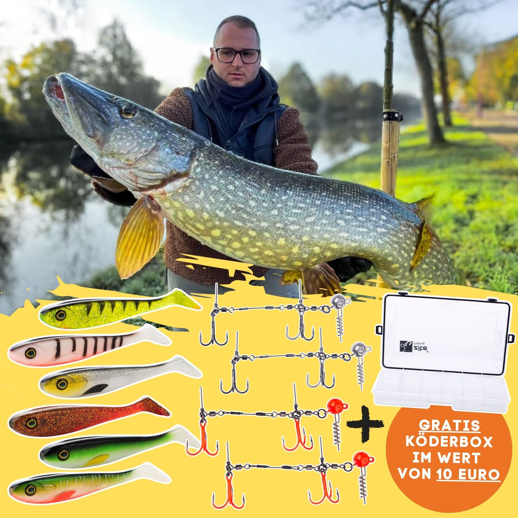 Hechtköder Sparset mit 6 Inzite Flanker, 4 Hechtsysteme 5-20g teils UV-Aktiv & GRATIS Wasserdichte Köderbox