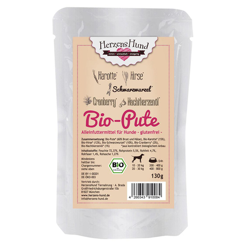 HerzensHund Bio Pute mit Bio Hirse 130 g - 18 Stück