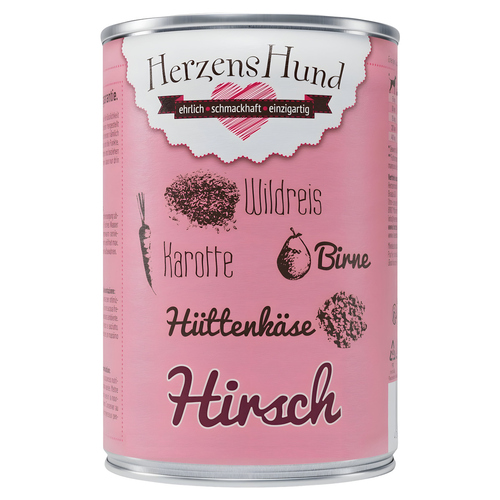 HerzensHund Hirsch mit Wildreis, Karotte, Birne, Hüttenkäse, Leinöl 400 g - 12 Stück HerzensHund Hirsch mit Wildreis, Karotte, Birne, Hüttenkäse, Leinöl 400 g - 12 Stück