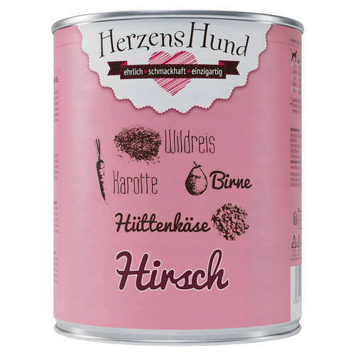 HerzensHund Hirsch mit Wildreis, Karotte, Birne, Hüttenkäse, Leinöl 800 g - 6 Stück