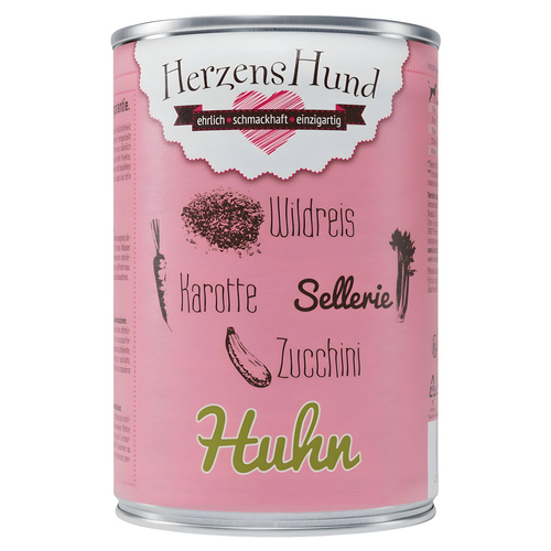 HerzensHund Huhn mit Wildreis, Karotte, Sellerie, Zucchini, Leinöl 400 g - 12 Stück HerzensHund Huhn mit Wildreis, Karotte, Sellerie, Zucchini, Leinöl 400 g - 12 Stück