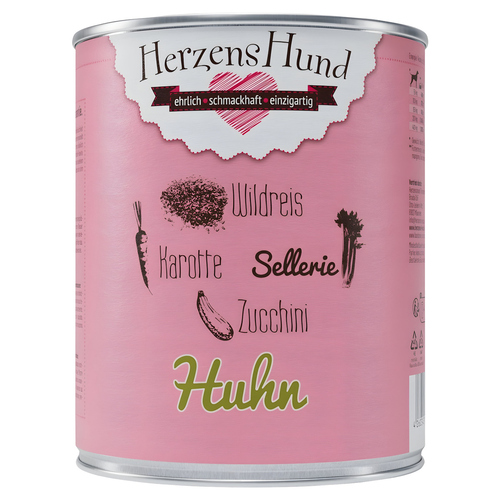 HerzensHund Huhn mit Wildreis, Karotte, Sellerie, Zucchini, Leinöl 800 g - 6 Stück HerzensHund Huhn mit Wildreis, Karotte, Sellerie, Zucchini, Leinöl 800 g - 6 Stück