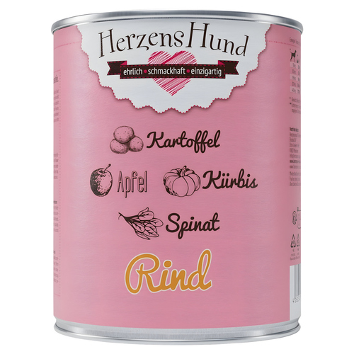 HerzensHund Rind mit Kartoffel, Kürbis, Apfel, Spinat, Leinöl 800 g - 6 Stück HerzensHund Rind mit Kartoffel, Kürbis, Apfel, Spinat, Leinöl 800 g - 6 Stück