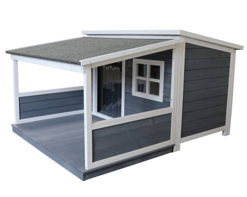 Holz-Hundehütte mit Pultdach und Terrasse, grau-weiß lasiert, wetterfest Holz-Hundehütte mit Pultdach und Terrasse, grau-weiß lasiert, wetterfest