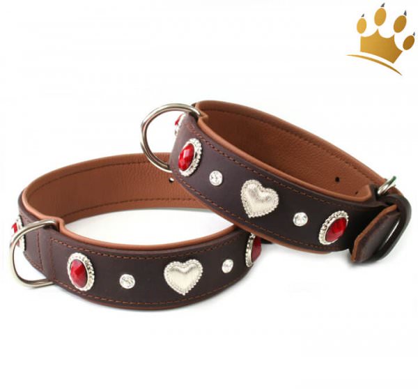 Hunde-Lederhalsband Silver Heart Rot