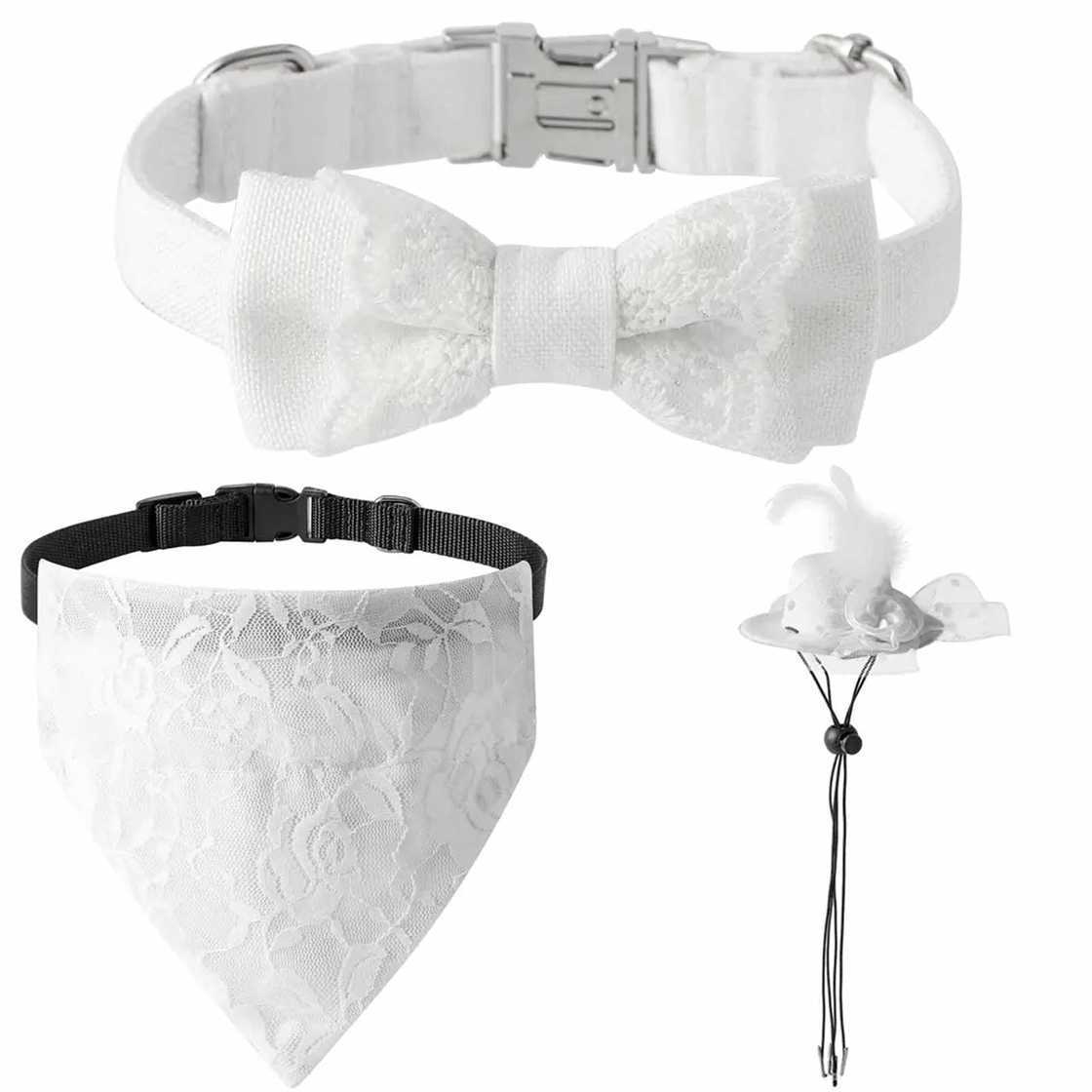 Hundehalsband Hochzeit Set mit Schleife, Halstuch und Hut in wei? - S
