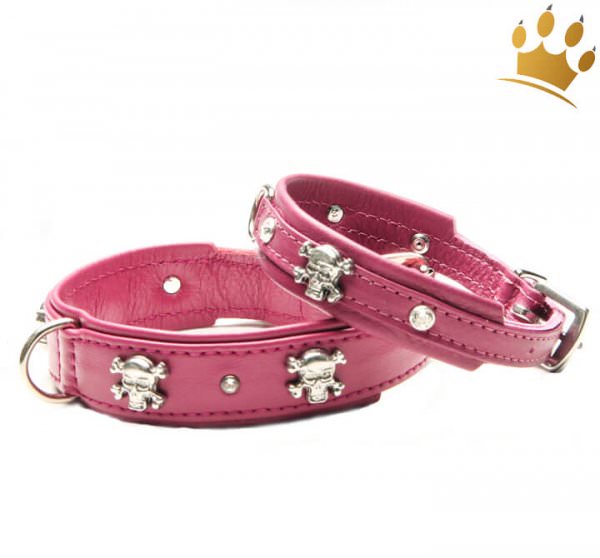 Hundehalsband Leder Totenkopf Crazy Scully Himbeere Hundehalsband Leder Totenkopf Crazy Scully Himbeere