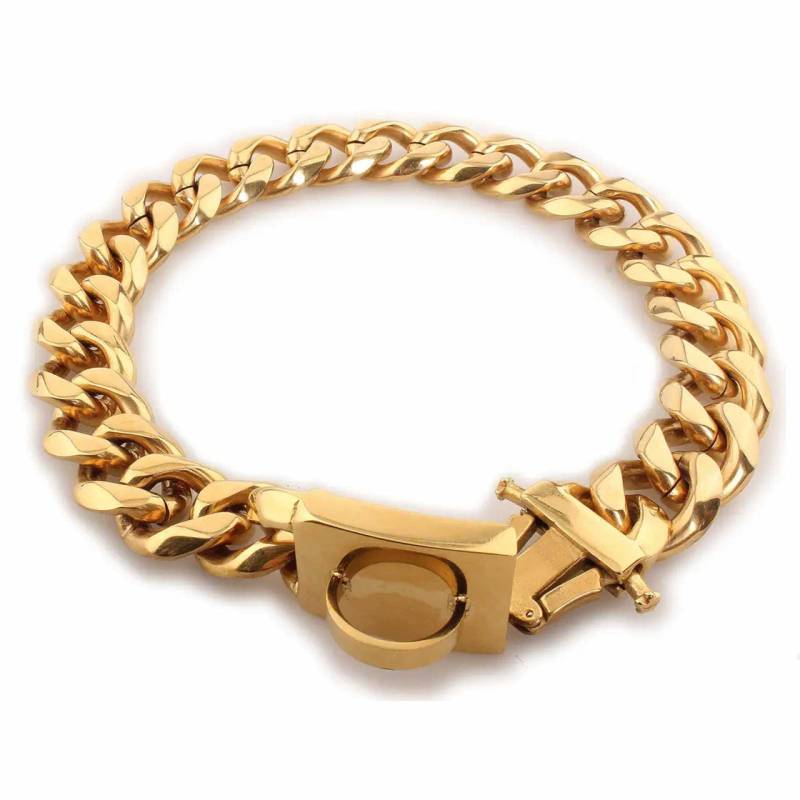 Hundehalsband aus Edelstahl Hundekette Gold plattiert 19mm breit - XL-L - 24inch/61cm