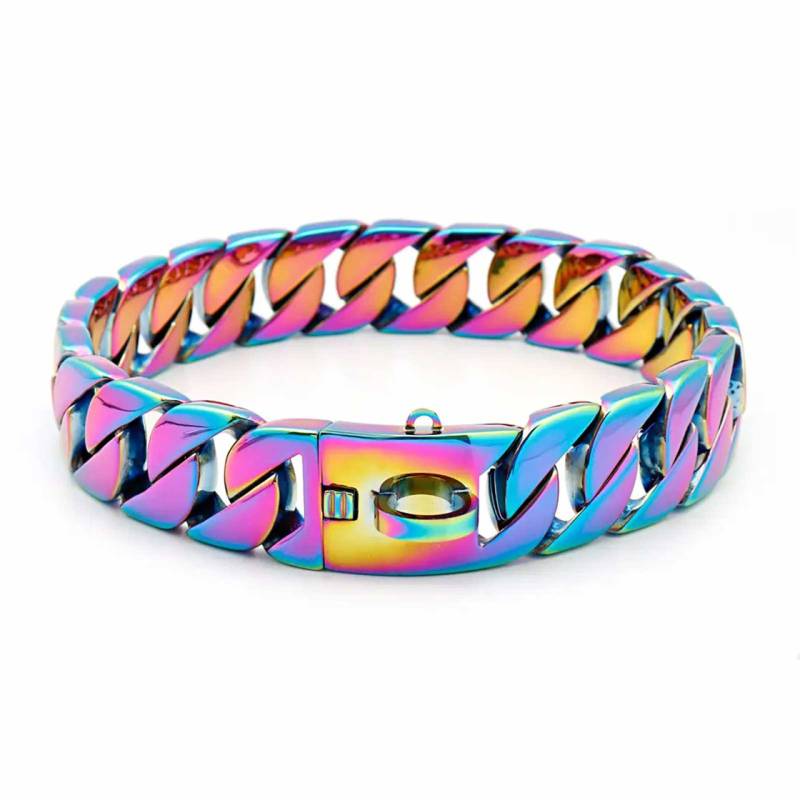 Hundehalsband aus Edelstahl Hundekette bunt plattiert 19mm breit - M - 18inch/46cm