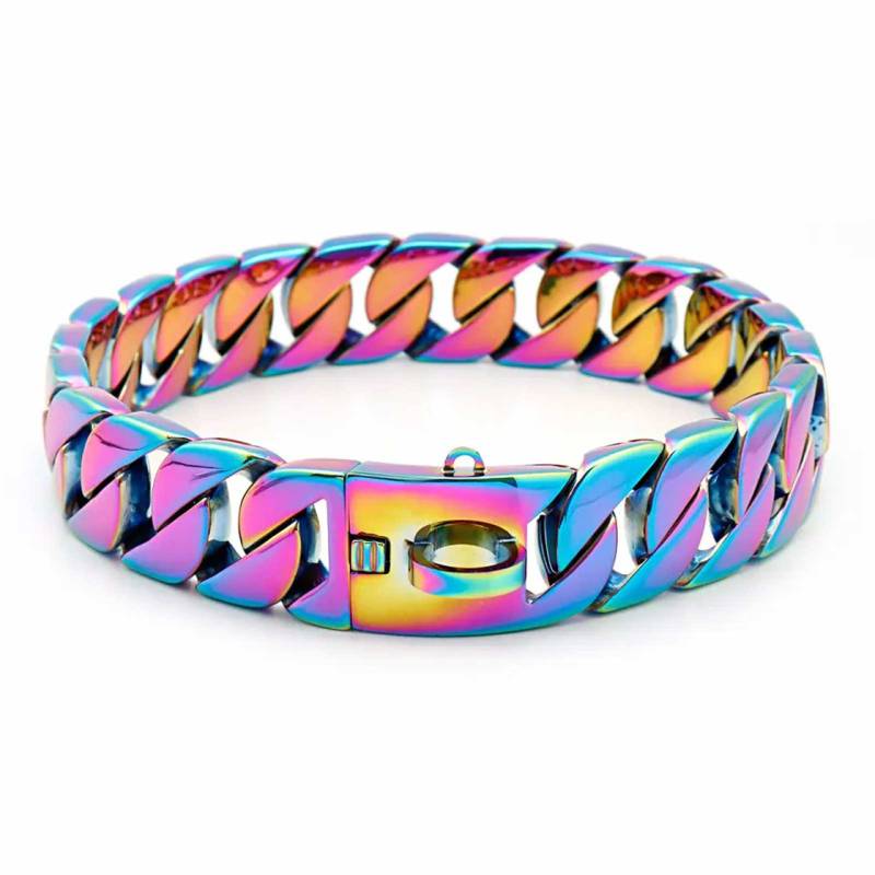 Hundehalsband aus Edelstahl Hundekette bunt plattiert 32mm breit - XXL-XL - 28inch/70cm