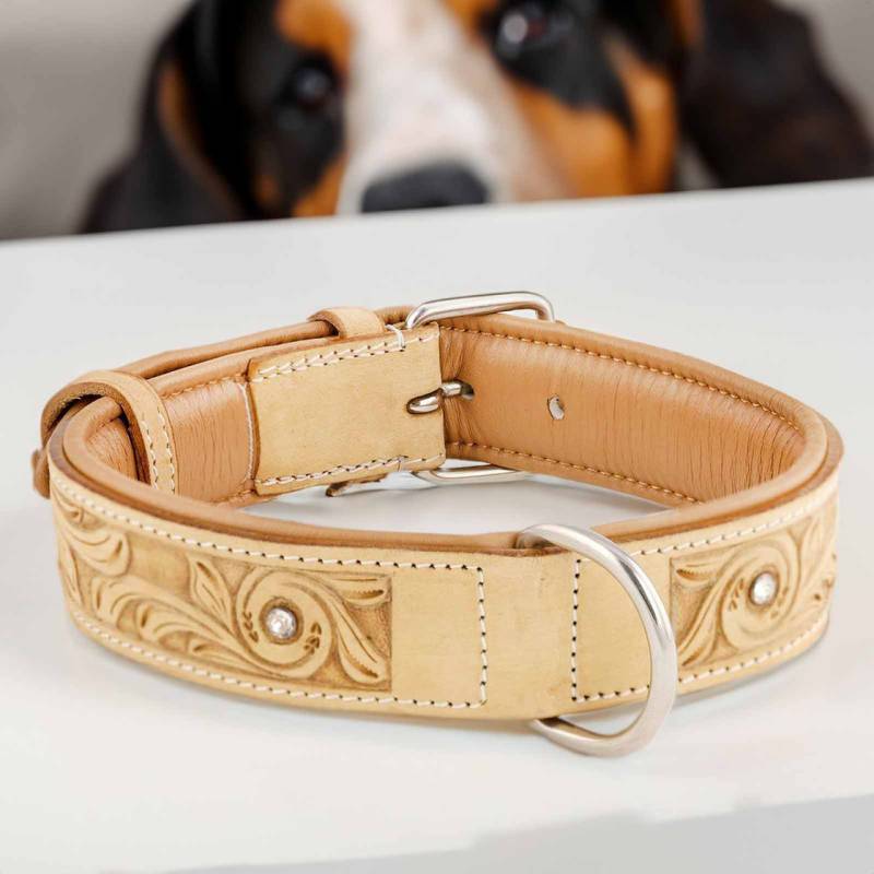 Hundehalsband aus Leder beige handgeschnitzt mit Premium-Kristallen XS-S