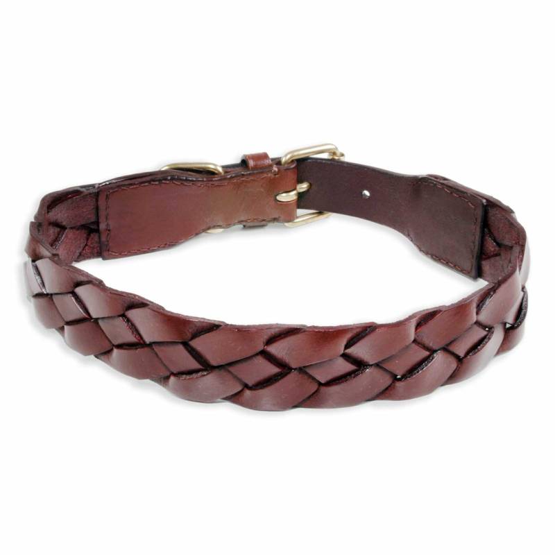 Hundehalsband aus Leder braun breit geflochten S-XS