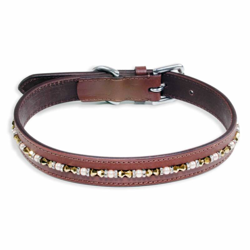 Hundehalsband aus Leder braun mit glitzer Kristallen