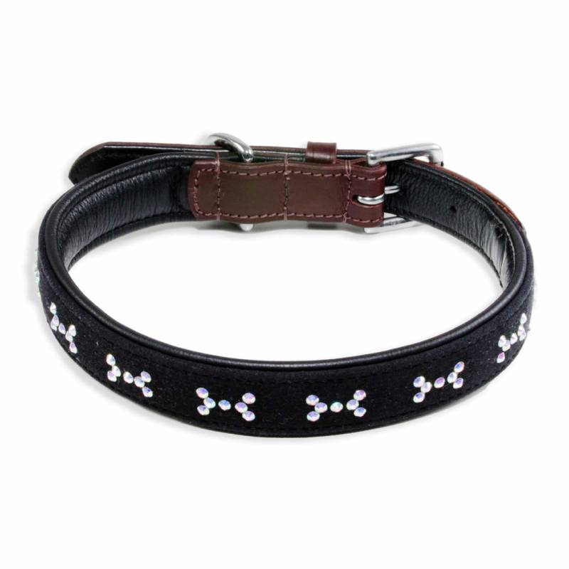Hundehalsband aus Leder braun schwarz mit Knochen glitzer Kristallen L-M