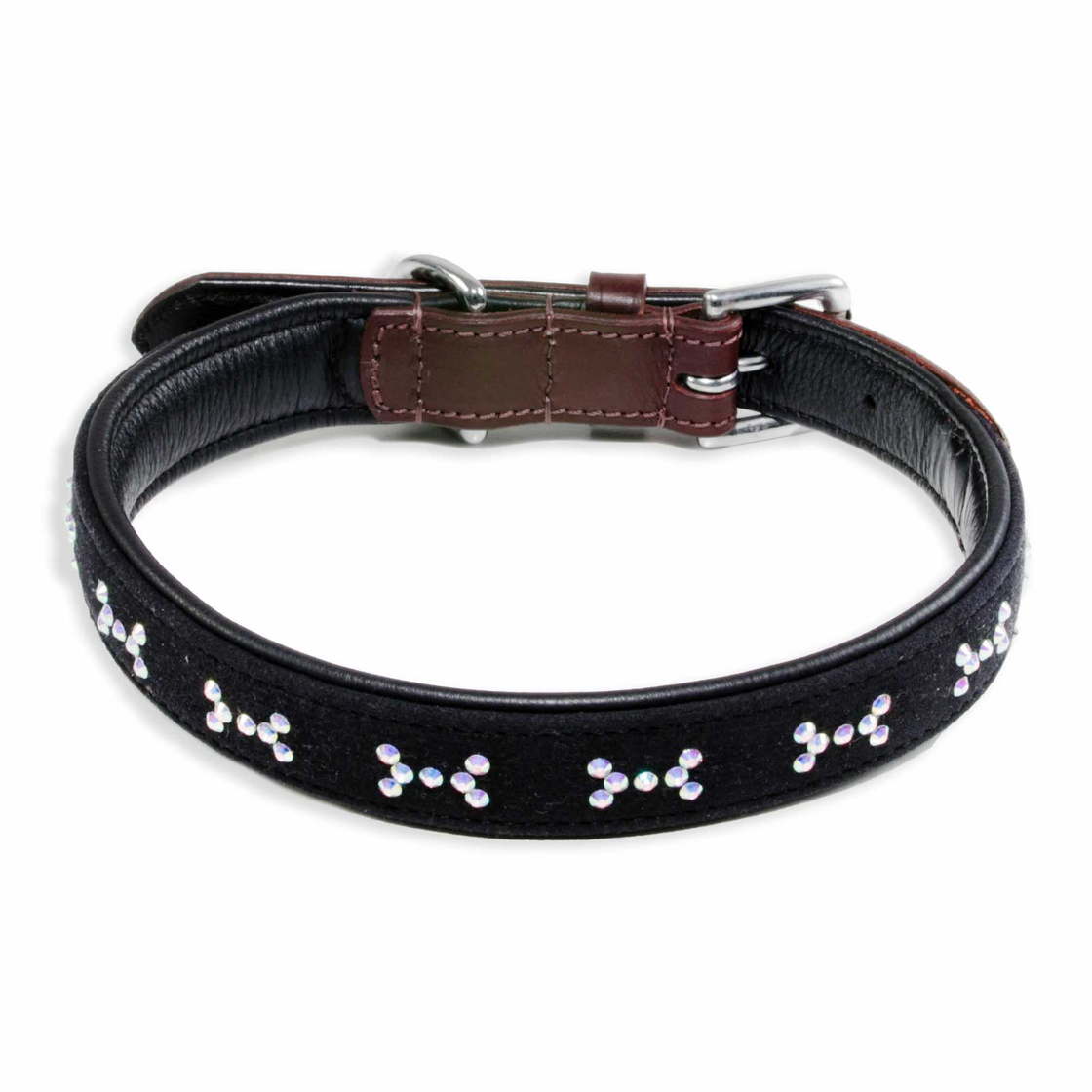 Hundehalsband aus Leder braun schwarz mit Knochen glitzer Kristallen M